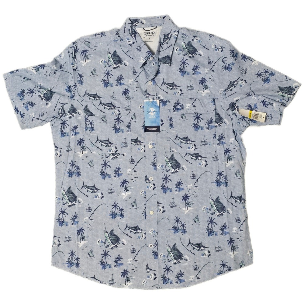 IZOD Saltwater‎ Men MD Blue Fish Sailboat Palm Tree Beach Performance Shirt (z)